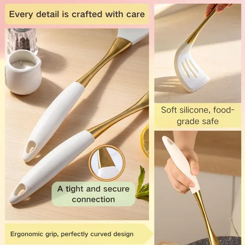 Miniatura 6 de Elegante juego de utensilios de cocina de silicona de oro blanco, no tóxicos, aptos para lavavajillas, con asas cómodas resistentes al calor