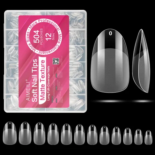 Miniatura 8 de AIMEILI 432 puntas de uñas postizas cortas de almendra, redondas, de cobertura completa, para extensión de uñas de remojo, uñas postizas acrílicas a