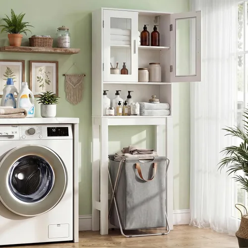 Miniatura 9 de BestComfort Gabinete de almacenamiento de madera sobre el inodoro, Ahorro de espacio para el baño en casa, Puertas dobles, Organizador de estante