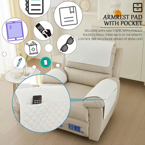 Miniatura 3 de Funda para Reposabrazos de Sofá, Funda para Reposacabezas de Silla Reclinable, Funda de Sillón con Bolsillos, Protector de Muebles Acolchado Beige