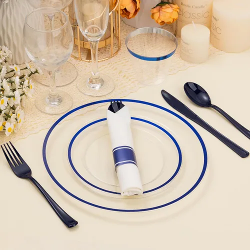 Miniatura 7 de BESTSTAR Juego de 350 platos desechables transparentes y azules para 50 invitados, 100 platos de plástico, 50 vasos, 50 servilletas preenrolladas