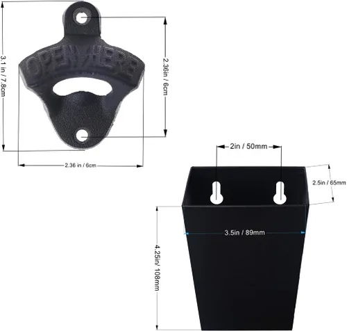 Miniatura 5 de Abridor de botellas de hierro fundido negro montado en la pared, abrebotellas de cerveza con receptor de tapa estrecho (3 abridores y 1 cubo)
