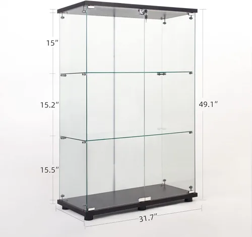 Miniatura 3 de Vitrina de cristal con 3 estantes con 2 puertas, vitrina de cristal transparente para sala de estar, dormitorio, 49.49 x 31.77 x 14.37 pulgadas