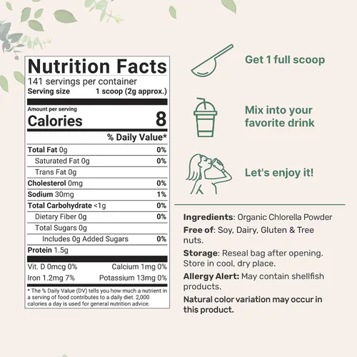 Miniatura 2 de Micro ingredientes USDA, Chlorella en polvo, orgánico, 1.1 libra, El mejor alimento, rico en vitaminas y proteínas, 8 onzas, 1