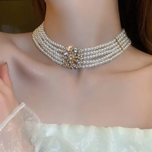 Miniatura 4 de Octwine Gargantilla corta con perlas de diamantes de imitación estilo bohemio de los años 20, Estrás Metal