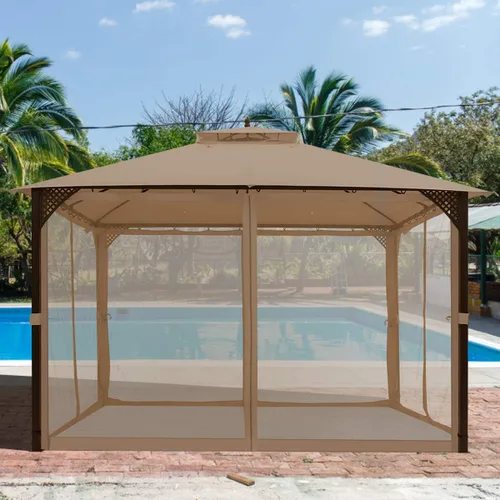 Miniatura 9 de Tangkula Cenador de patio de 10 x 12 pies con red, cenador para exteriores con techo doble ventilado, paredes laterales de malla, gancho superior