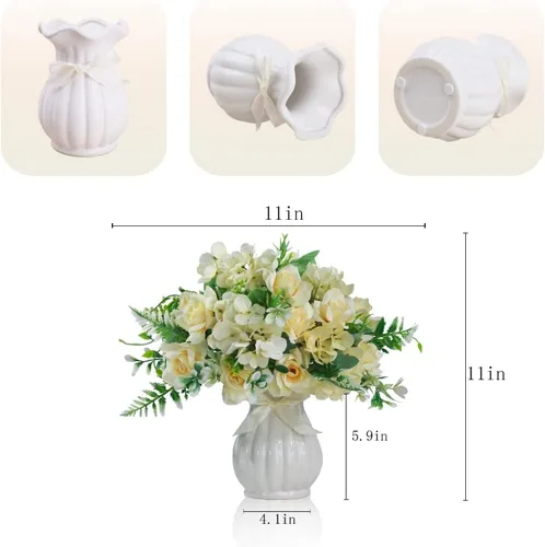 Miniatura 4 de LESING Ramos de flores artificiales de hortensias de seda con jarrón, flores falsas rústicas para decoración del hogar, centro de mesa (champán)