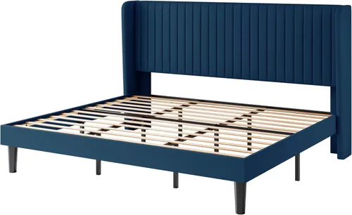 Miniatura 9 de SHA CERLIN - Marco de cama tamaño King de terciopelo con cabecera acolchada de acanalado vertical, cama de plataforma tapizada con listones de Azul