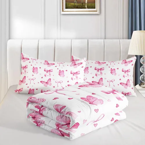 Miniatura 7 de QOOMO Juego de edredón de 3 piezas con diseño de mariposa de dibujos animados, tamaño individual, bonito juego de ropa de cama con lazo