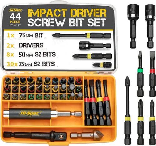 Hi-Spec Juego de 44 brocas métricas de tornillo de impacto de 1/4 de pulgada, vástago hexagonal S2, juego de brocas de acero para destornilladores