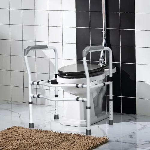 Miniatura 5 de GYMAX Marco y riel de seguridad para inodoro, marco de asistencia médica ajustable de montaje libre para ancianos con clip giratorio de 360°