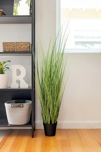 Miniatura 8 de Plantas de césped artificial de PVC con maceta de plástico negro, 47 pulgadas de alto, juego de 2 plantas en maceta para el hogar, oficina, jardín