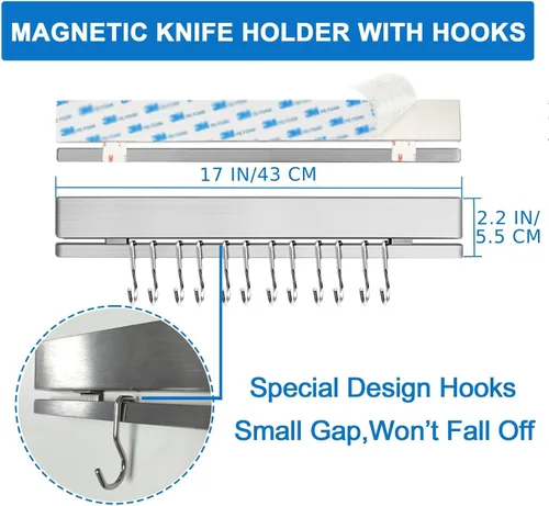 Miniatura 7 de Portacuchillos magnético de 17 pulgadas para pared, sin taladro/taladro, con 12 ganchos, cinta magnética de doble barra adhesiva fuerte, soporte