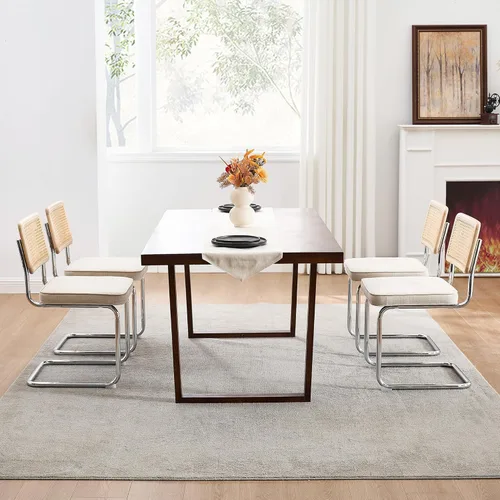 Miniatura 6 de Zesthouse Juego de 4 sillas de comedor de ratán natural, sillas de comedor modernas de mediados de siglo con respaldo de madera maciza y base