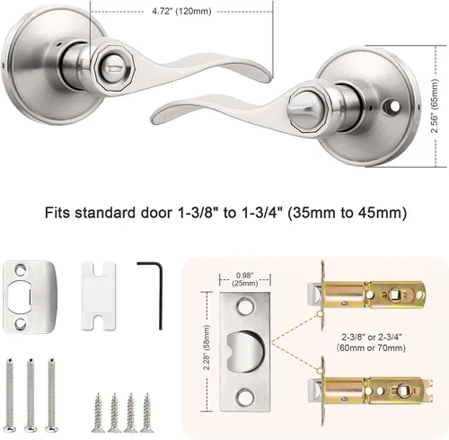 Miniatura 7 de Probrico Manijas de puerta de privacidad estilo ondulado de níquel satinado, manijas de puerta de baño/cama, cerraduras interiores sin llave