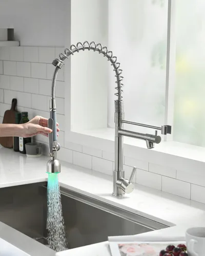Miniatura 2 de Fapully - Grifo de fregadero de cocina comercial con mango único extraíble con rociador, níquel cepillado, con luz LED