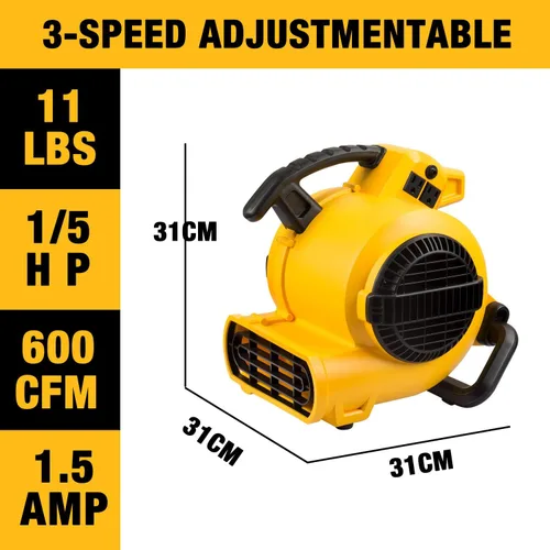 Miniatura 2 de DEWALT Movedor de Aire Portátil, 276W Ventilador de Piso de 3 Velocidades, Ventilador Soplador Utilitario, 1/5 HP 600 CFM Secador de Piso, Secador