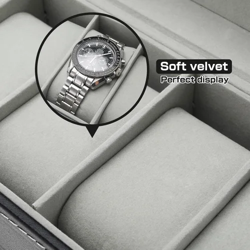Miniatura 4 de NovelBee Cajas de reloj con 6 ranuras, vitrina rectangular para relojes con tapa de vidrio y almohadas extraíbles para hombres y mujeres