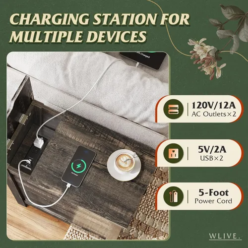 Miniatura 4 de WLIVE - Mesa auxiliar con estación de carga; mesa auxiliar estrecha para sala de estar, mesa de noche de estilo granja con almacenamiento, pequeño