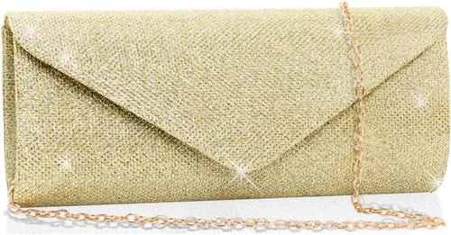 Bolsos de mano para mujer, Bolso de sobre de noche con cadena desmontable, elegancia brillante Dorado