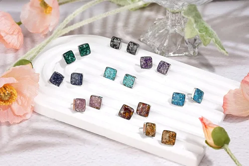 Miniatura 5 de Lauren-Spencer Aretes cuadrados de piedra preciosa para mujer, delicados aretes de piedra pulida de malaquita y sodalita, hipoalergénicos, aretes