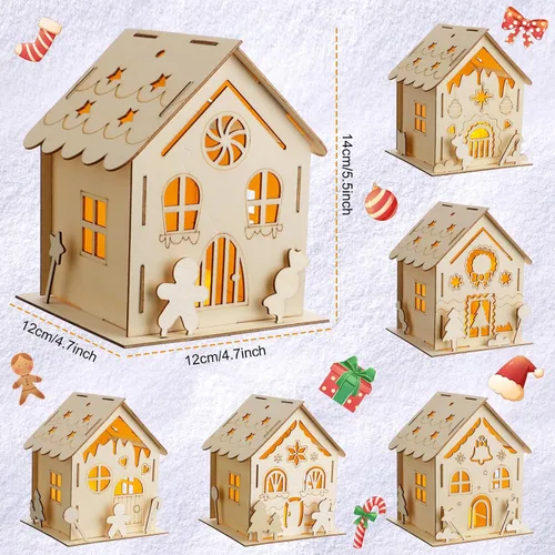 Miniatura 2 de Spiareal 24 juegos de kit de bricolaje para casa de pan de jengibre de Navidad de madera con velas sin llama LED, lápices acuarela, casas de madera