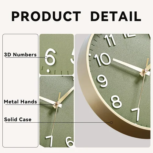 Miniatura 9 de Roymnie Reloj de pared verde, 10 pulgadas, silencioso, funciona con pilas, moderno reloj analógico sin tictac, decorativo para cocina, dormitorio