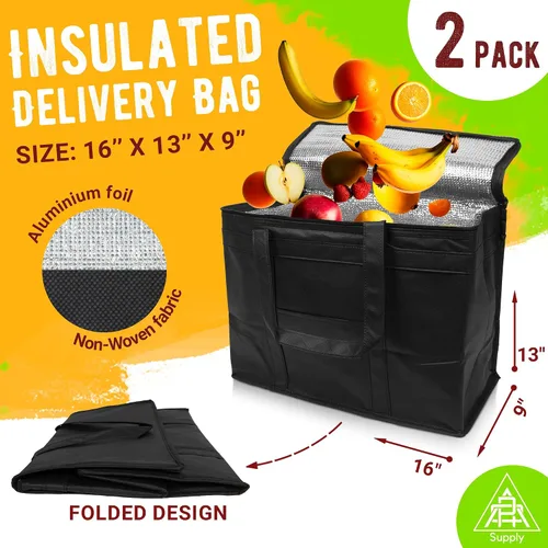 Miniatura 2 de APQ Supply Bolsa de entrega de alimentos aislada negra, bolsas de comestibles aisladas con cierre superior, bolsa de catering para entregas
