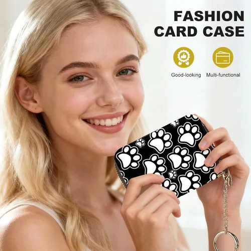 Miniatura 6 de Tarjetero de crédito para mujer, pequeña cartera RFID con cierre de llavero, bonita cartera de piel sintética, Huellas de patas en blanco y negro