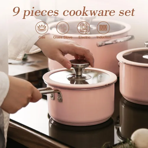 Miniatura 5 de Juego de utensilios de cocina de acero inoxidable de 9 piezas para cocina familiar, grado 304, exterior recubierto de cerámica, ollas y sartenes