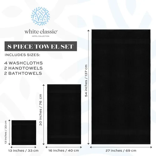 Miniatura 6 de White Classic Juego de toallas negras de 8 piezas [2 toallas de baño, 2 toallas de mano, 4 toallas faciales] y 2 tapetes de baño de lujo de 22 x 34