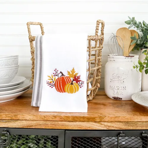 Miniatura 4 de AnyDesign Juego de 2 toallas de mano con diseño de calabaza, algodón bordado, hojas de arce, para otoño, Acción de Gracias, baño, secado a mano