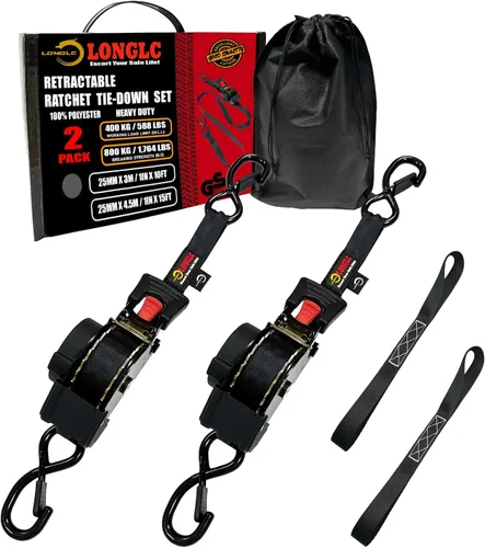 Paquete de 2 correas retráctiles de trinquete negras resistentes, 1 pulgada x 10 pies con bucles suaves, resistencia a la rotura de 2,000 libras, lo