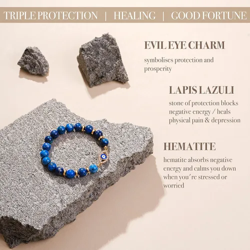 Miniatura 3 de VIBE MOOD ENERGY - Pulsera de protección Pulsera de cuentas de lapislázuli con dije contra el mal de ojo Pulsera de triple protección para aliviar