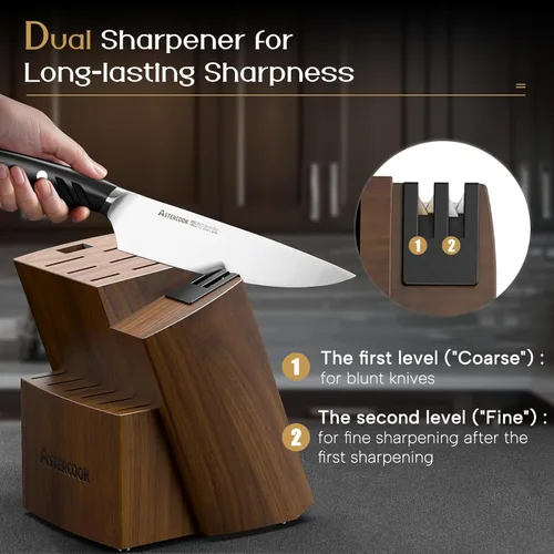 Miniatura 4 de Astercook Juego de cuchillos de cocina con bloque y afilador doble, 15 cuchillos de acero inoxidable alemán de hoja afilada, aptos para Premium