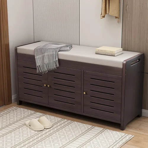 Miniatura 4 de Banco de almacenamiento de zapatos de bambú con tres puertas y cojín de asiento acolchado para entrada, zapatero (marrón)