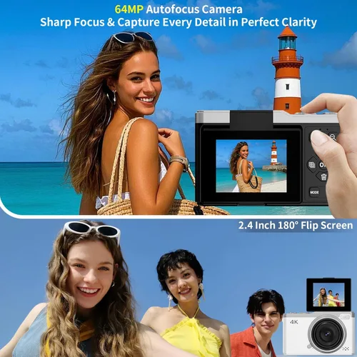 Miniatura 3 de Cámara digital 4K para fotografía, cámaras digitales de 64 MP para apuntar y disparar con zoom digital de 16X, pantalla abatible de 2.4 pulgadas
