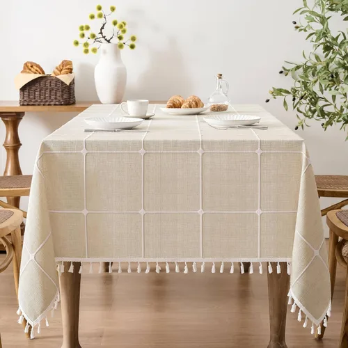 Miniatura 34 de ZeeMart - Mantel de mesa con diseño de cuadrícula boho y borlas (blanco roto, 132 cm x 132 cm), mantel de gran peso de lino a cuadros bordado