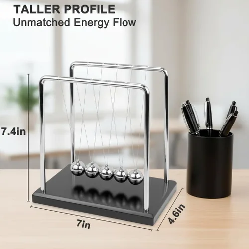 Miniatura 3 de Sealive Newton's Cradle Large Premium - Base de madera maciza, bolas de péndulo de acero pesado de 1.71 libras, juguete de escritorio grande