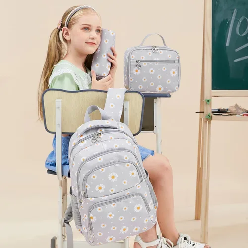 Miniatura 6 de Mochilas estampadas de margaritas para niñas con bolsa de almuerzo, estuche de lápices de 3 piezas, bolsas ligeras para libros elementales