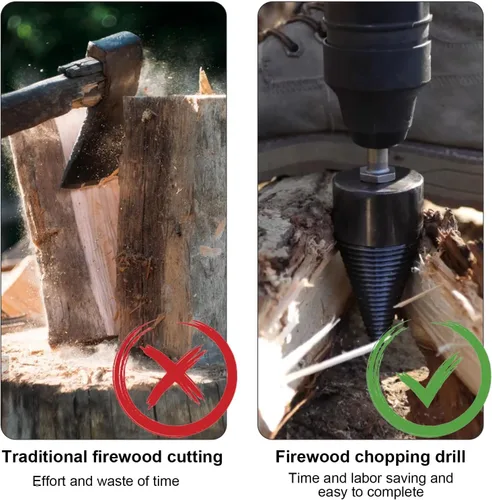 Miniatura 5 de Broca divisora de madera 42mm + 32mm con guantes antideslizantes y 4 mangos de perforación, broca divisora de troncos divisora de leña para broca