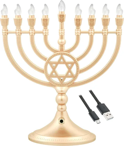 The Dreidel Company Candelabro tradicional LED eléctrico de Hanukkah en oro - Tamaño grande de 13 pulgadas de alto operado con batería o USB - Dorado