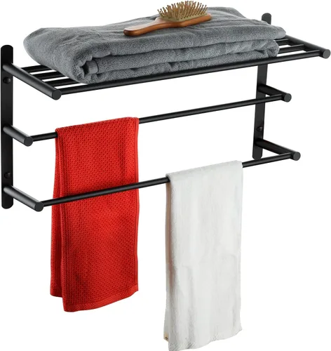 KOKOSIRI Toallero doble con repisa, toallero de 3 niveles con toallero individual, toallero de baño, organizador de almacenamiento de acero Negro