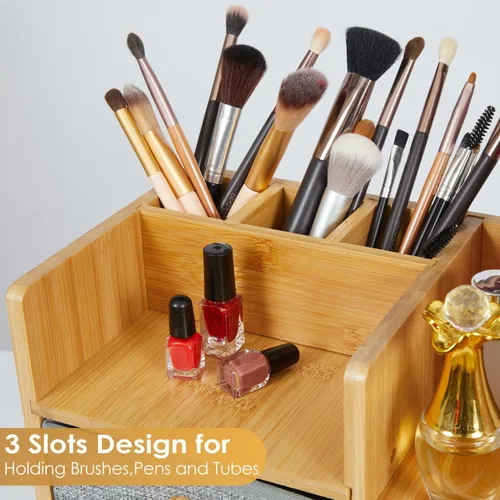 Miniatura 7 de Organizador de maquillaje grande de bambú para tocador, organizador de baño de bambú de 3 niveles de gran capacidad y almacenamiento, soporte