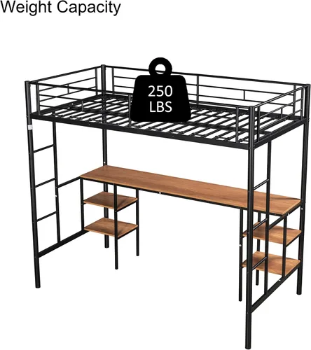 Miniatura 5 de Escritorio y estantes de metal tamaño individual, cama alta de metal con escritorio y estantes de almacenamiento, marco de cama que ahorra espacio