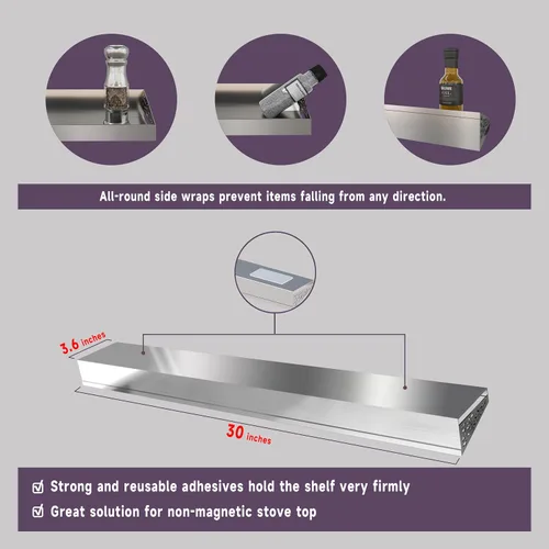 Miniatura 5 de STUTOV Estante para estufa, organizador de especias, fácil instalación, solución de almacenamiento para cocina, con longitud estándar de 30 Acero