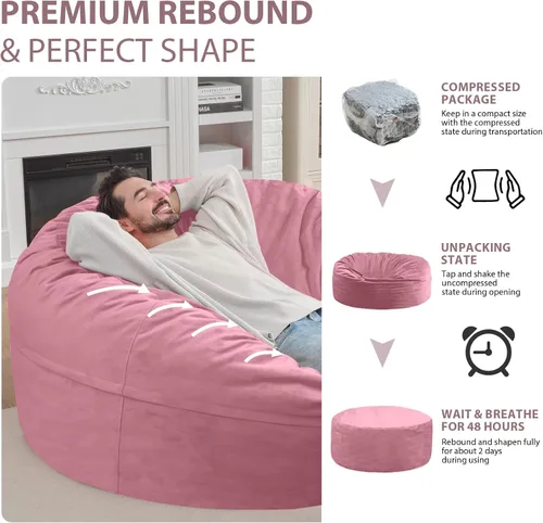 Miniatura 100 de Puf de 5 pies, puf grande con relleno de espuma viscoelástica, sofá puff esponjoso con funda de terciopelo holandés, puf redondo para sala de estar