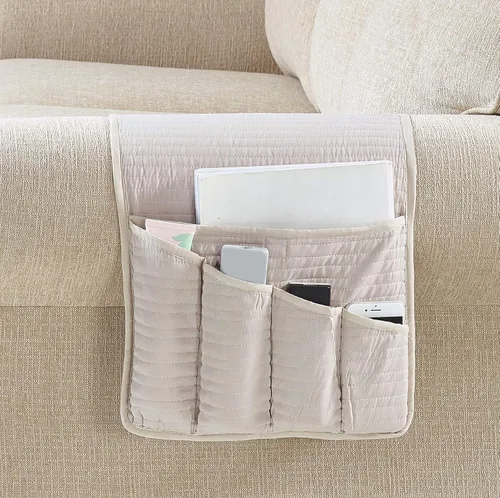 Miniatura 9 de Brilliant Sunshine - Organizador de apoyabrazos de sofá de terciopelo gris con 5 bolsillos, soporte antideslizante para sillón reclinable
