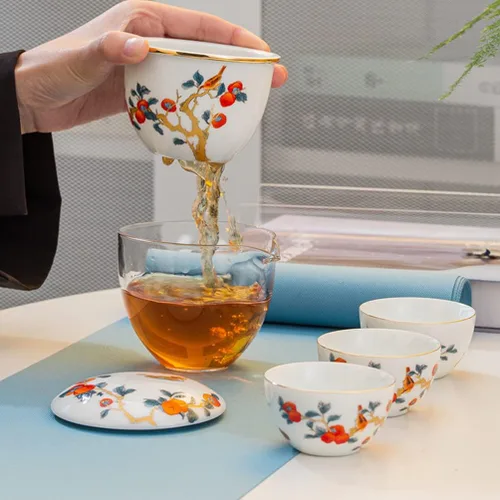 Miniatura 5 de Juego de té de cerámica portátil, juego de tetera de porcelana china de kungfu, tetera todo en uno, colador de té, 3 tazas de té, 1 bolsa de Naranja