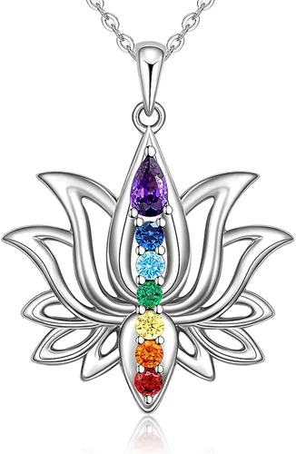 Jewlikee Collar de 7 chakras colgante de loto plata de ley para yoga chakras piedra curativa collares para mujer equilibrio energético Plata